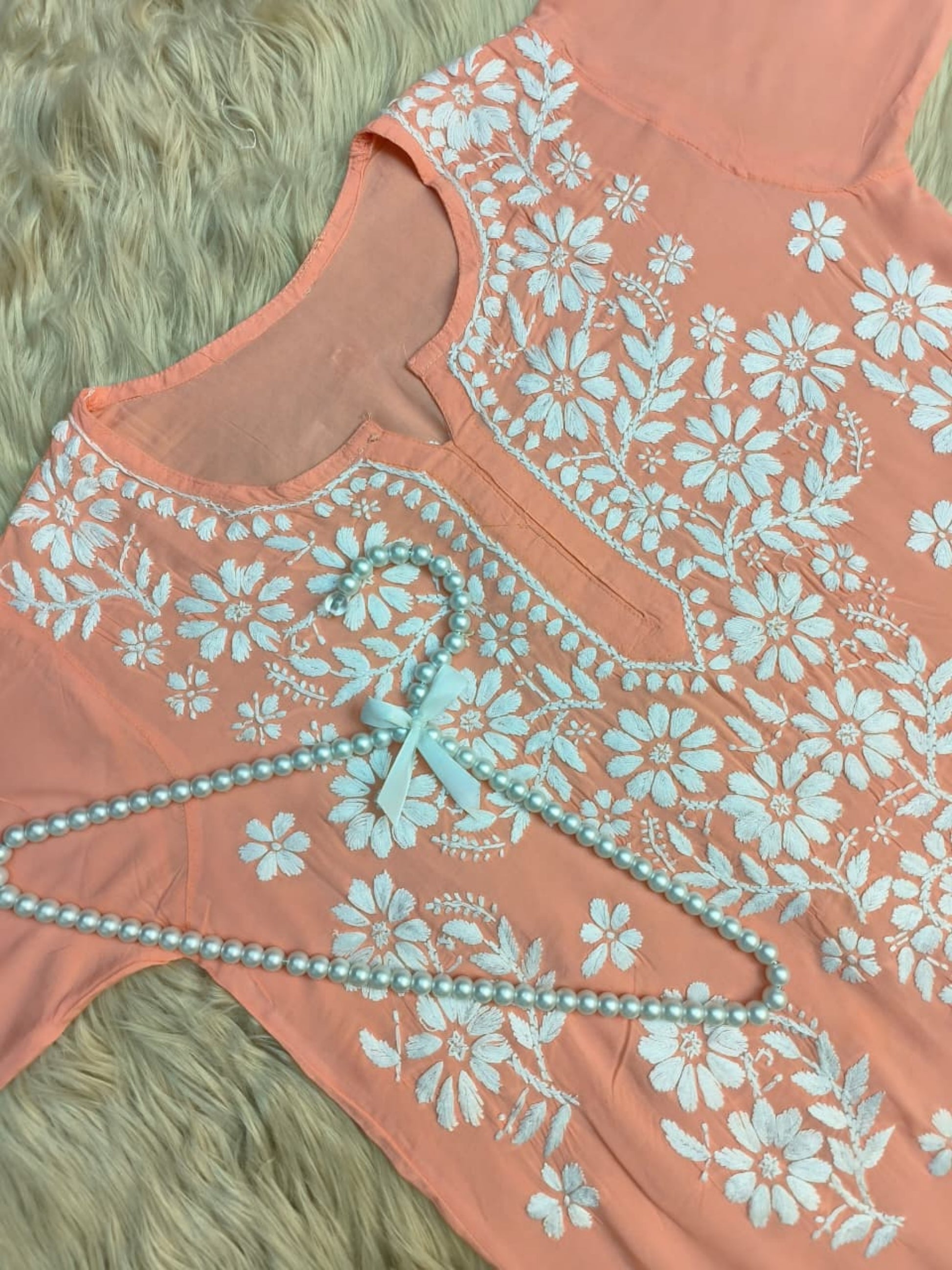 Peach Lucknow Chikankari modal kurta with white hand embroidery – soft and premium quality