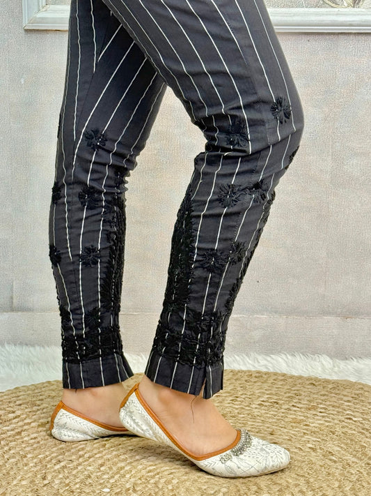 Black cotton lycra chikankari stretchable pant with hand embroidery – Lucknowi ethnic bottom wear.
