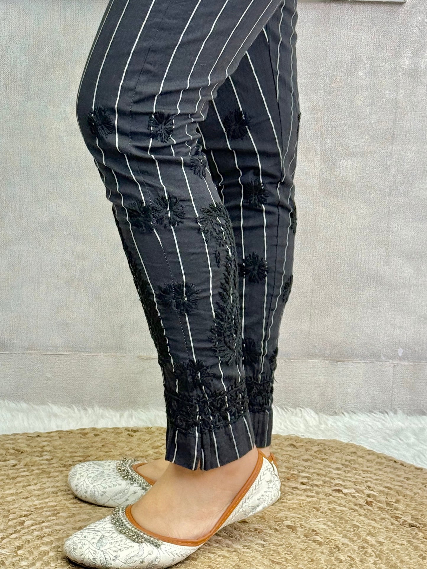 Black cotton lycra chikankari stretchable pant with hand embroidery – Lucknowi ethnic bottom wear.