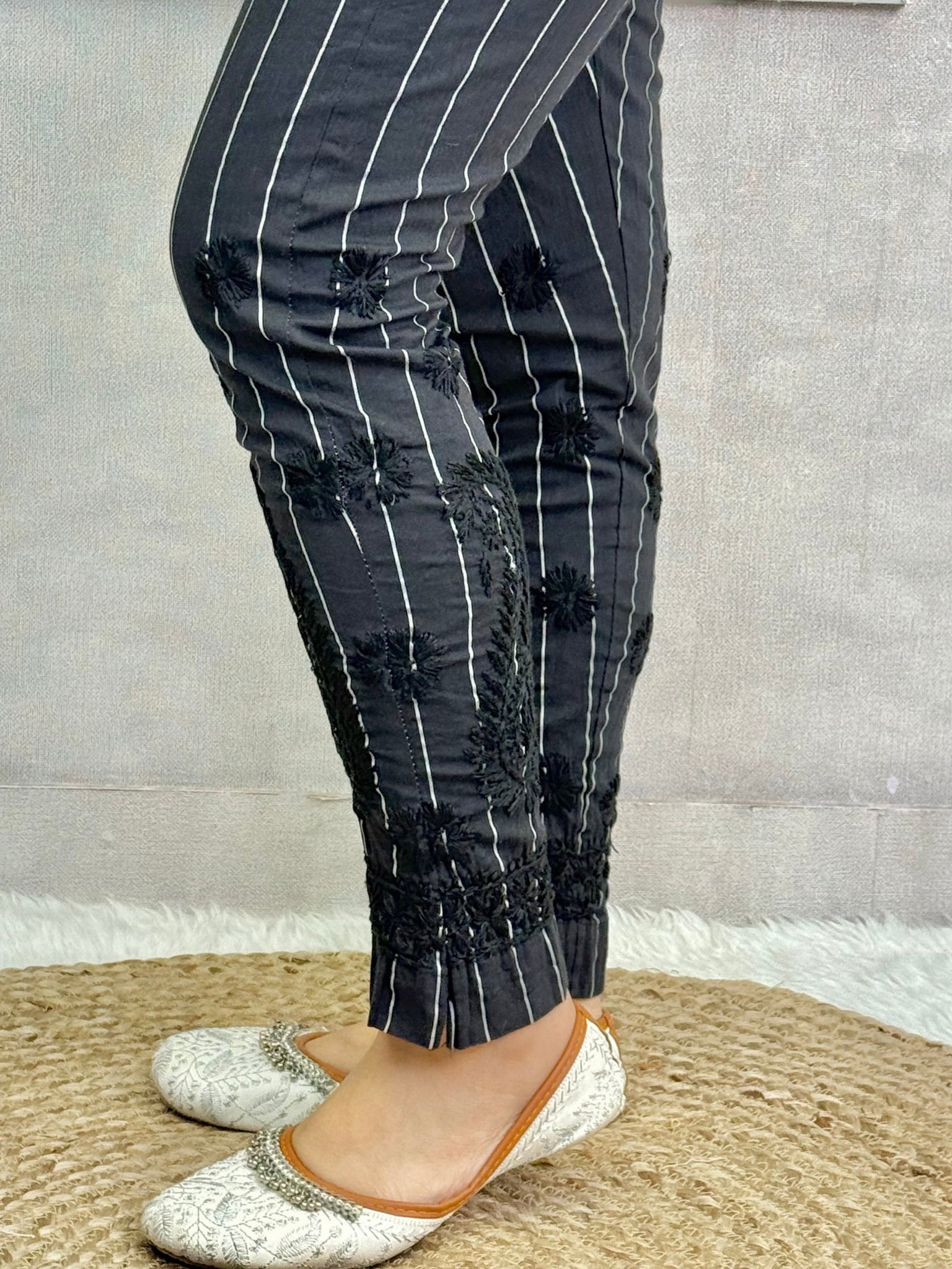 Black cotton lycra chikankari stretchable pant with hand embroidery – Lucknowi ethnic bottom wear.
