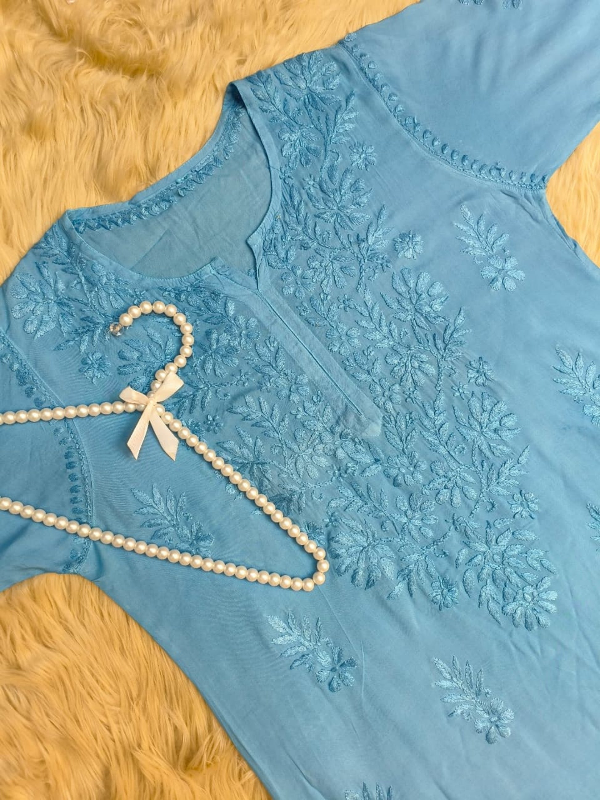 Sky blue modal fabric Lucknow Chikankari kurta with hand embroidery – soft and premium quality.