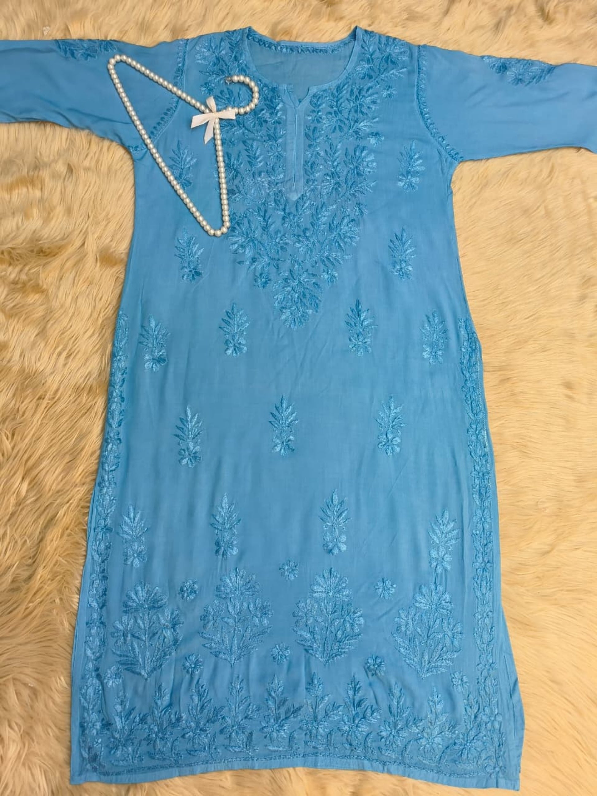 Sky blue modal fabric Lucknow Chikankari kurta with hand embroidery – soft and premium quality.