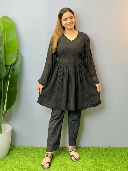 Black angrakha style short chikankari kurta in viscose fabric