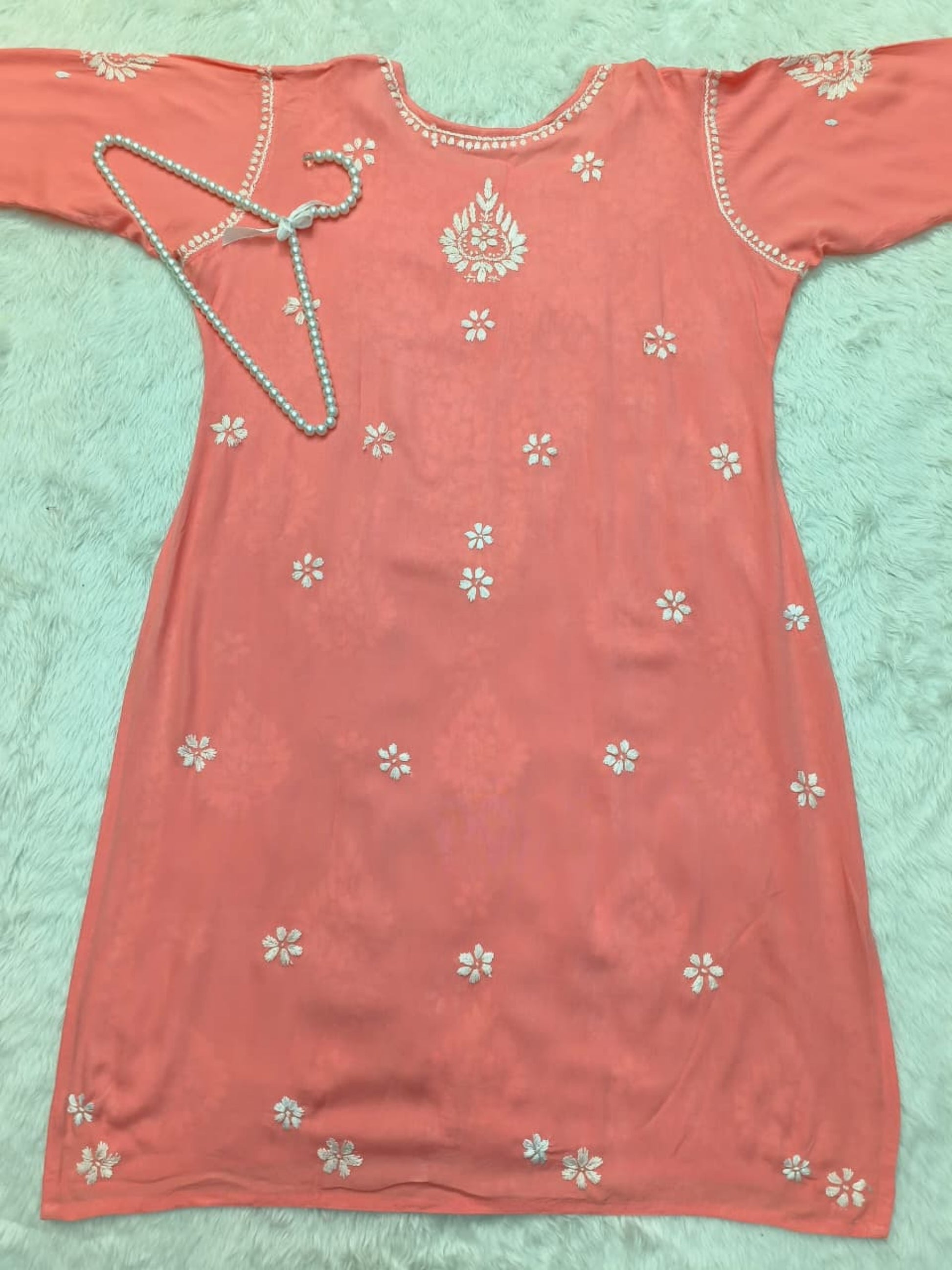 Coral peach rayon Lucknow chikankari kurta and pant set with white hand embroidery