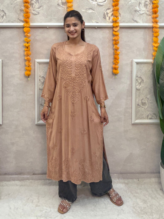 Beige rayon chikankari kurta with hand embroidery, premium quality