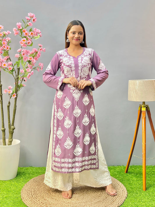 Lavender modal fabric chikankari kurta with white embroidery