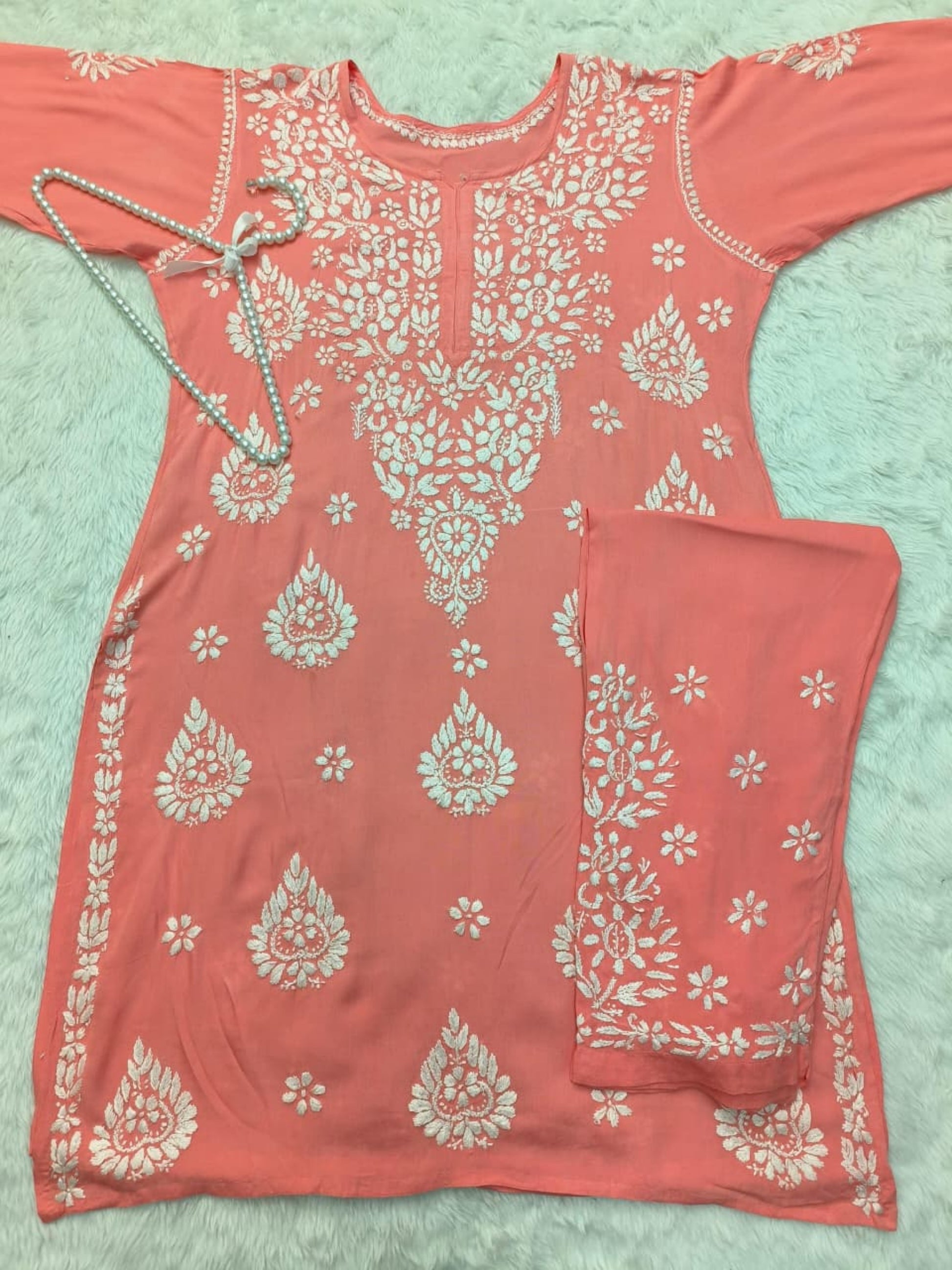 Coral peach rayon Lucknow chikankari kurta and pant set with white hand embroidery