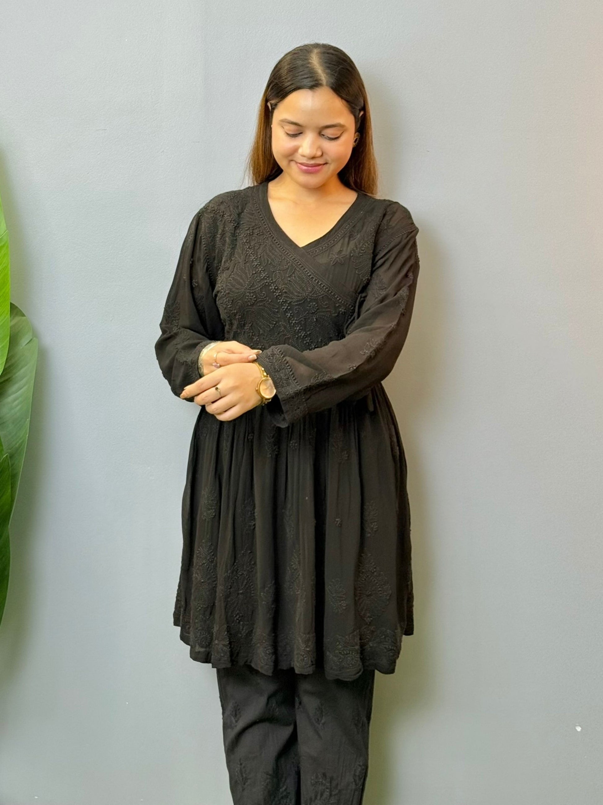 Black angrakha style short chikankari kurta in viscose fabric