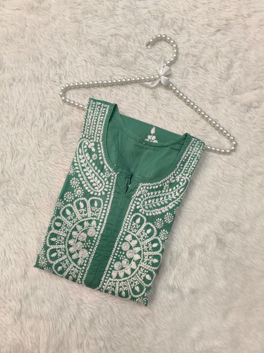 Green Cotton Lucknow Chikankari Kurta with hand embroidery – premium quality