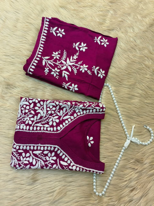 Dark Magenta Rayon Lucknow Chikankari Kurta with white hand embroidery