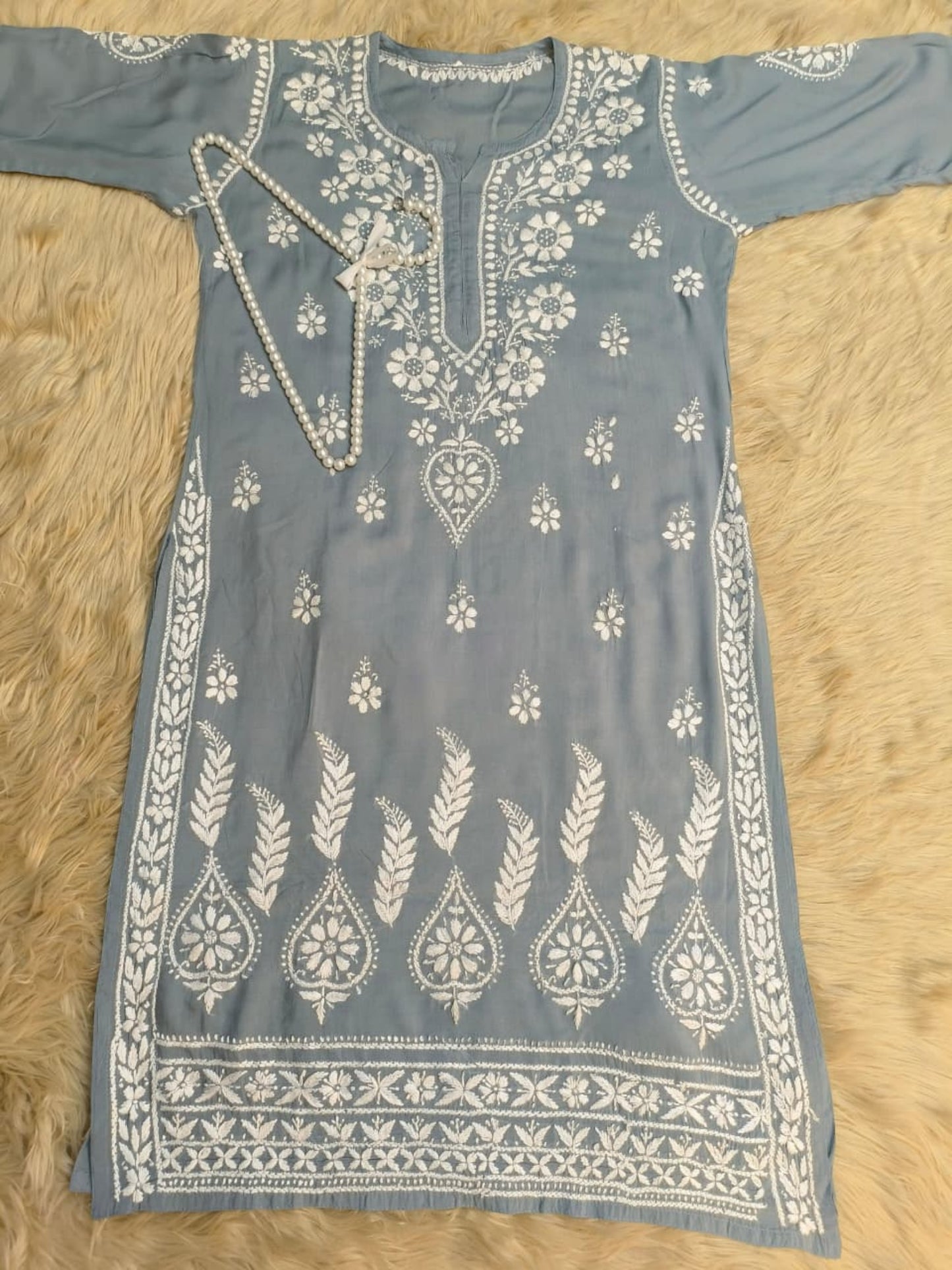 Grey blue modal fabric Lucknow Chikankari kurta with hand embroidery in white thread