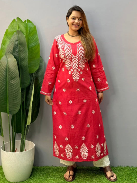 Model wearing a premium red cotton Lucknowi chikankari kurta with white hand embroidery