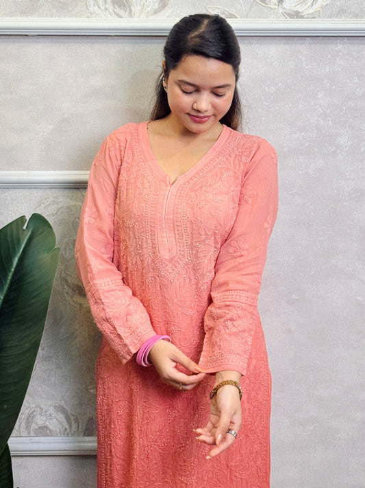 Translucent viscose Lucknow Chikankari kurta with hand embroidery.
