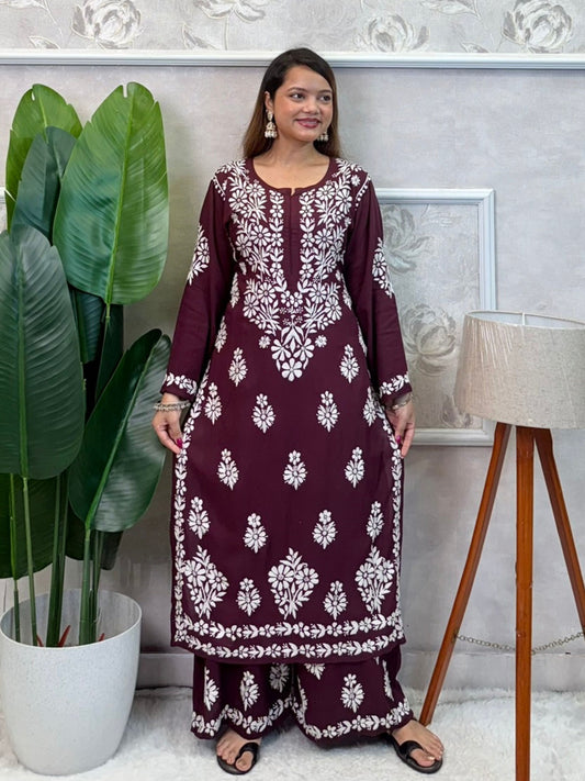 Wine modal chikankari kurta and palazzo set with white hand embroidery – soft and comfortable