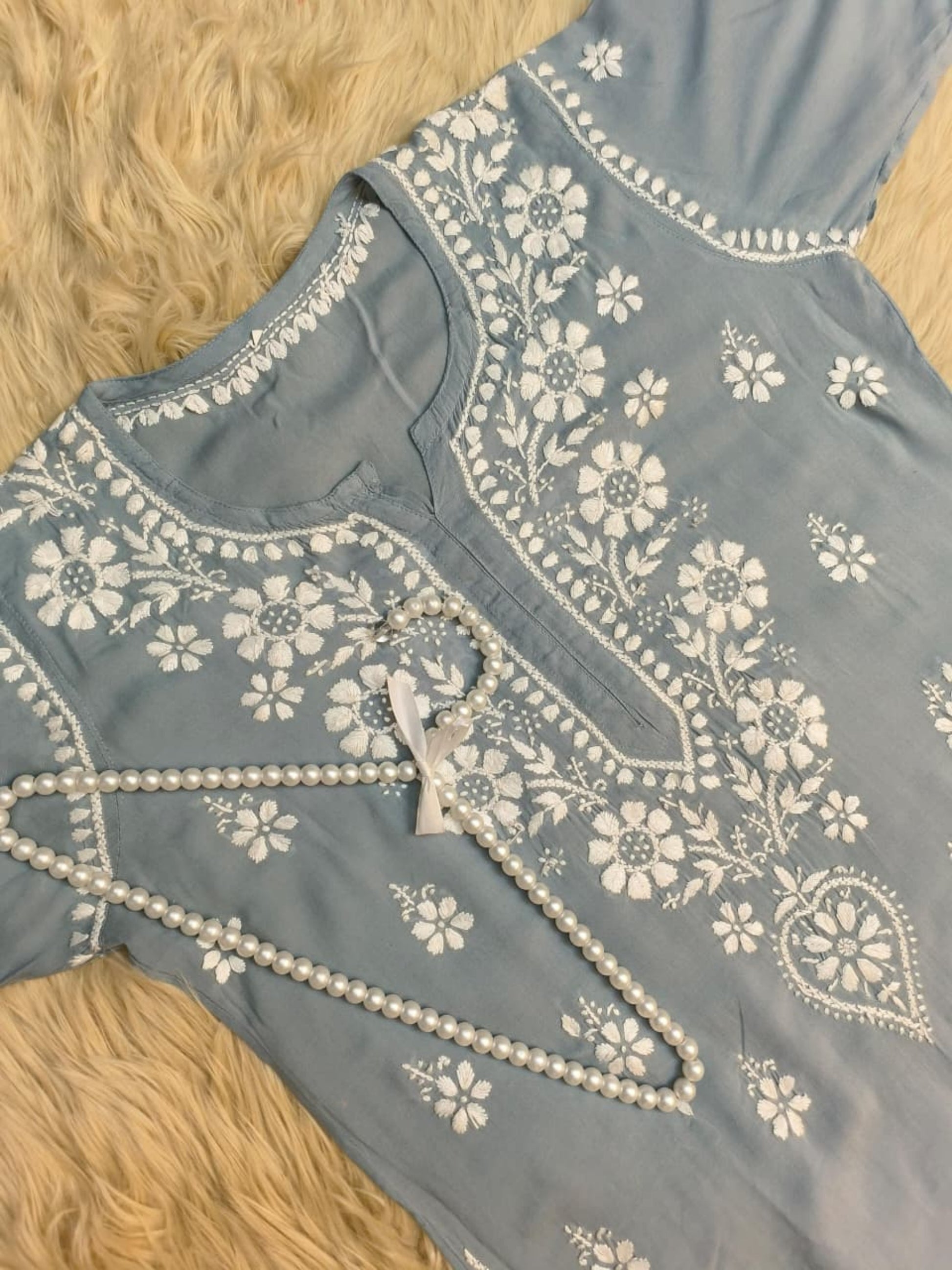 Grey blue modal fabric Lucknow Chikankari kurta with hand embroidery in white thread