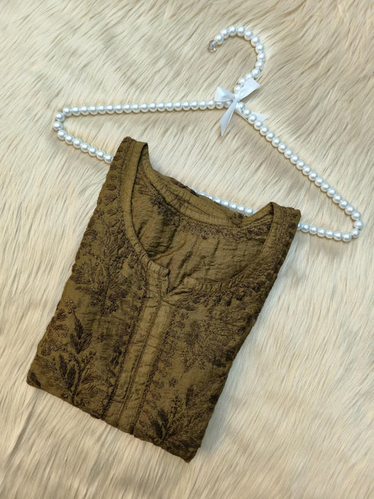 Mehndi Green Chanderi Lucknow Chikankari kurta with hand embroidery, premium and elegant.