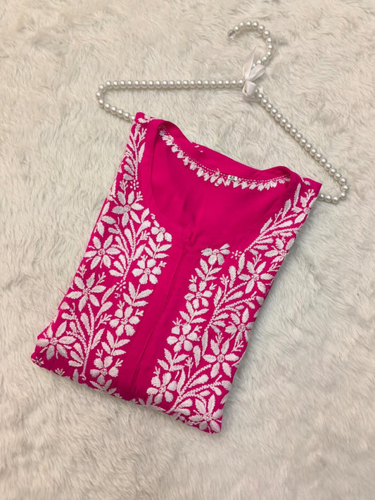 Hot pink modal Lucknowi chikankari kurta with handcrafted embroidery