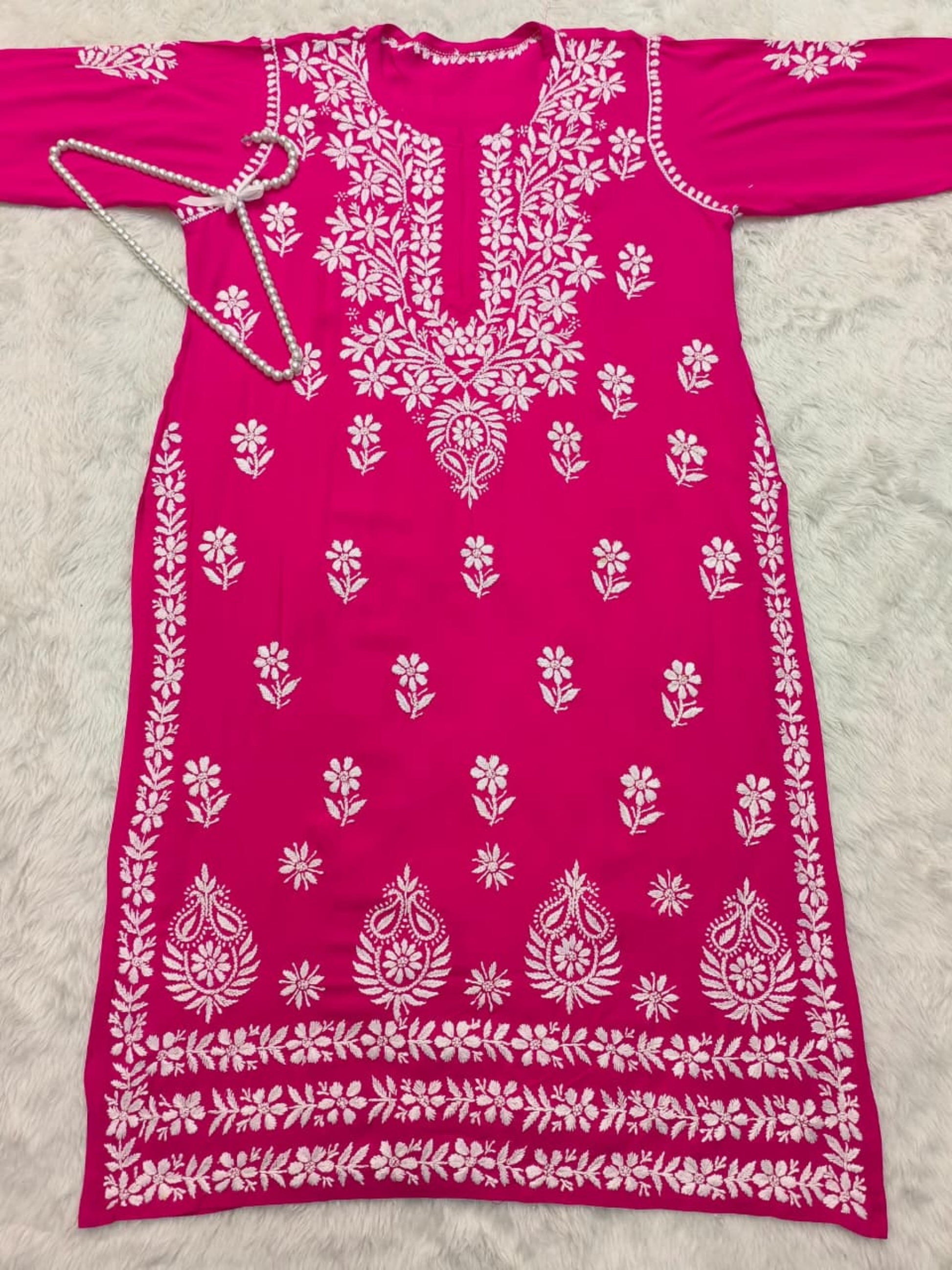 Hot pink modal Lucknowi chikankari kurta with handcrafted embroidery