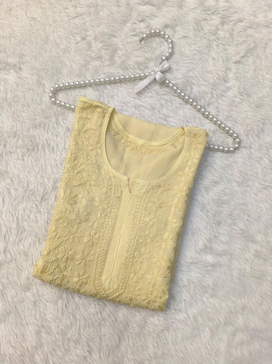 Golden Yellow Modal Lucknow Chikankari Hand Embroidered Kurta – Premium Quality