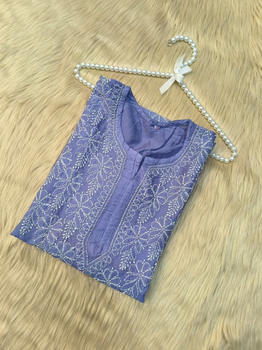 Lavender Chanderi Lucknow Chikankari kurta with bakhiya hand embroidery