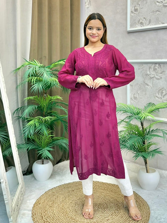 Wine maroon Lucknow Chikankari kurta in viscose fabric with detailed hand embroidery