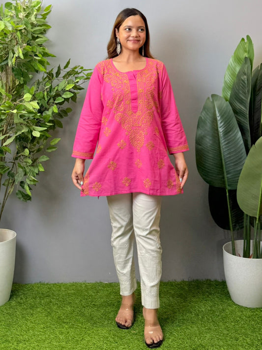 Hot pink cotton short chikankari kurta with hand embroidery
