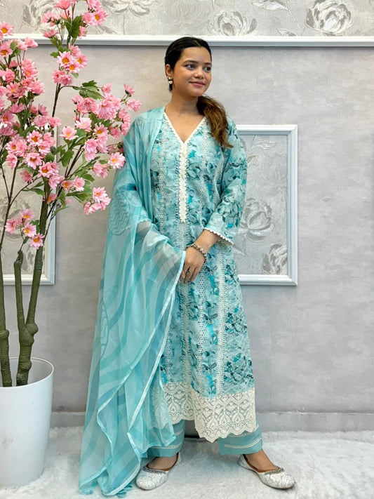 Aqua blue mulmul cotton kurta set with floral print, crochet lace, and chiffon dupatta