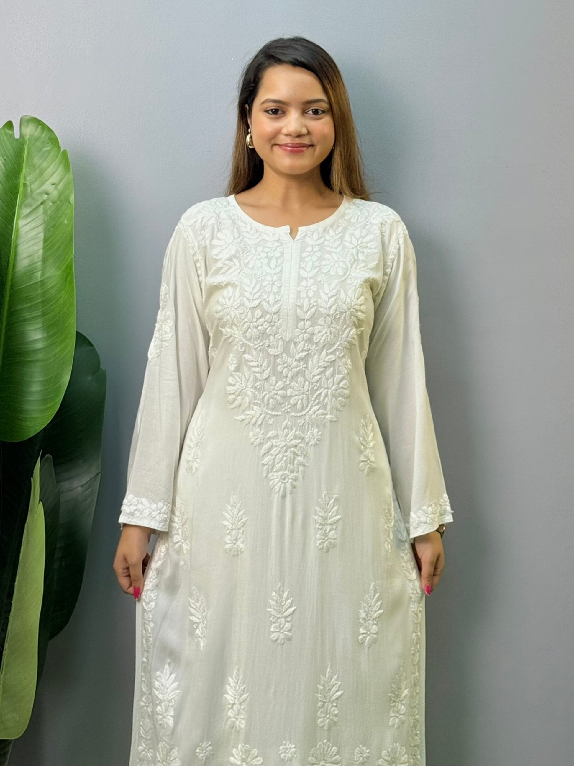 White dyable modal Chikankari kurta with tone-on-tone hand embroidery – soft and customizable ethnic wear for women