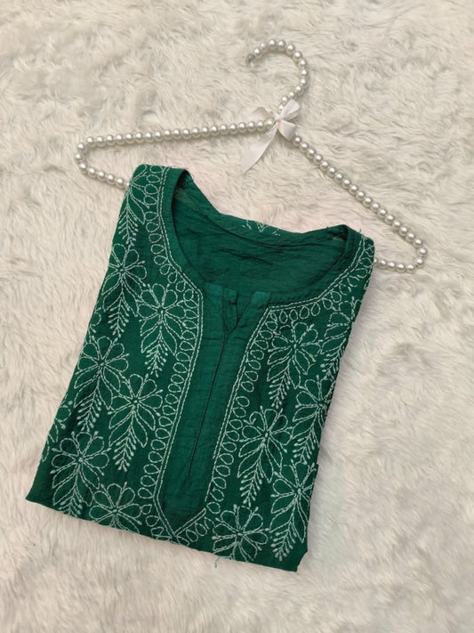 Green Chanderi Lucknow Chikankari Kurta with hand embroidery and bakhiya work