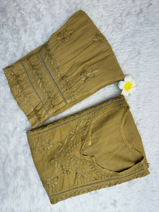 Lucknow Chikankari Mustard Cotton Pocket Style Short Kurta with Pant