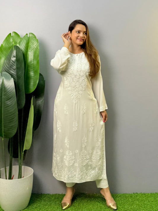 White dyable modal Chikankari kurta with tone-on-tone hand embroidery – soft and customizable ethnic wear for women