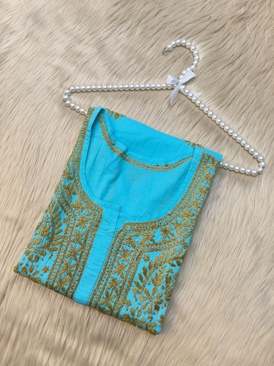 Sky blue cotton chikankari kurta with mustard hand embroidery, ideal for casual wear