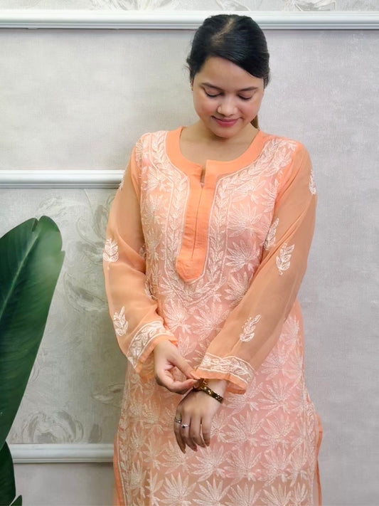 Lucknow Chikankari Peach Georgette Kurta with Hand Embroidery – Translucent Casual Wear