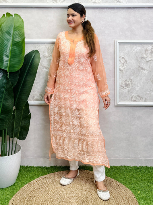 Lucknow Chikankari Peach Georgette Kurta with Hand Embroidery – Translucent Casual Wear