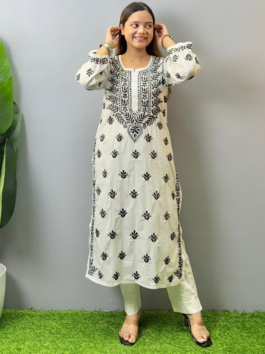 Ivory white mulmul chikankari kurta with black hand embroidery work