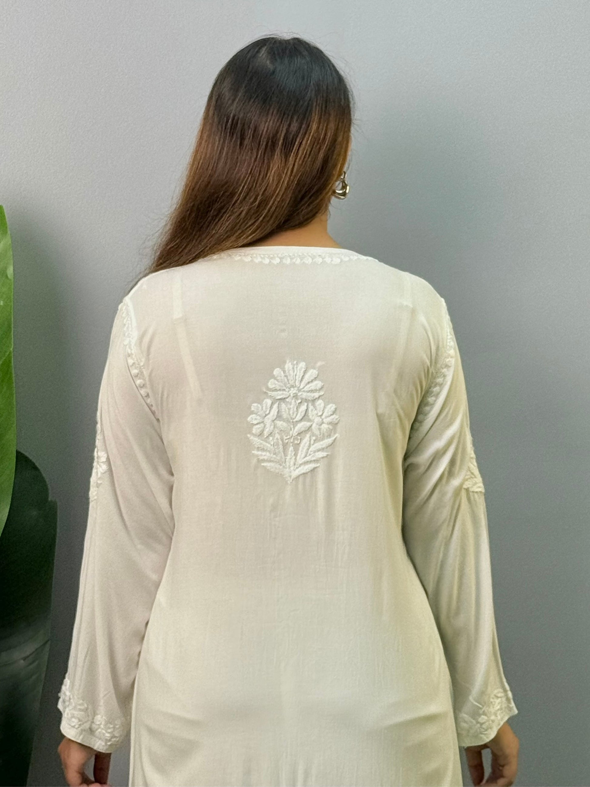 White dyable modal Chikankari kurta with tone-on-tone hand embroidery – soft and customizable ethnic wear for women