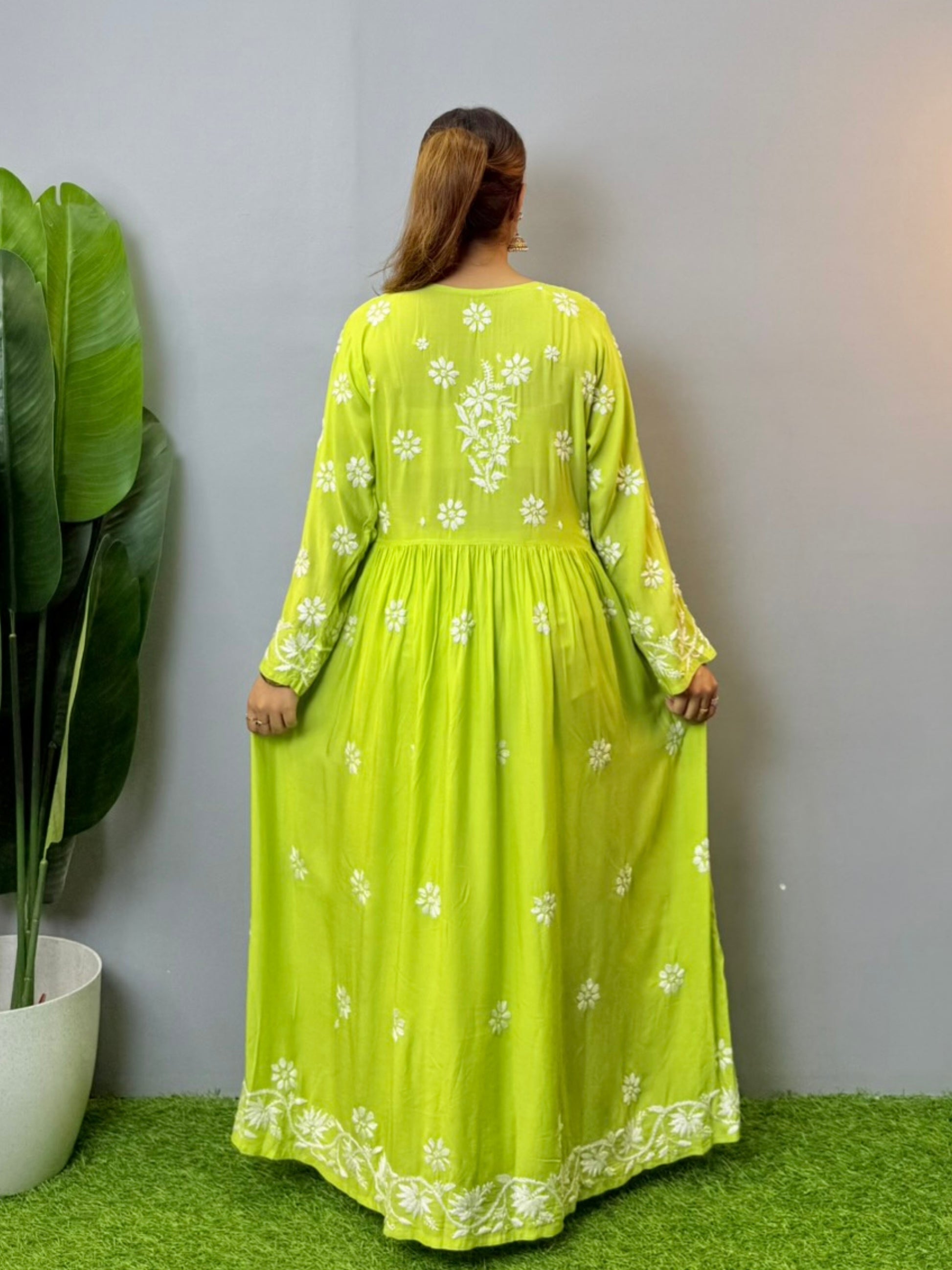 Lime green modal Lucknowi Chikankari long frock with white hand embroidery
