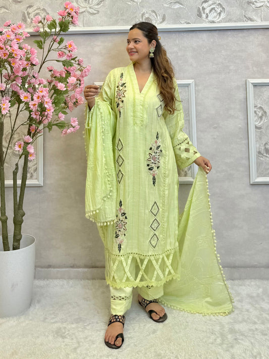 Model wearing a lime green rayon kurta with hand embroidery, paired with rayon pants and a chanderi dupatta – Designer Wear Collection.