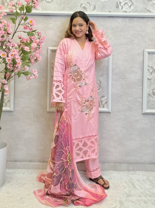 Model wearing a blush pink rayon embroidered kurta with rayon pants and a printed chanderi dupatta – Designer Wear Collection.