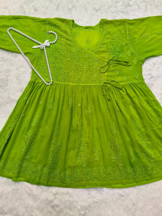 Green Lucknow Chikankari viscose short kurta with hand embroidery in Angrakha style