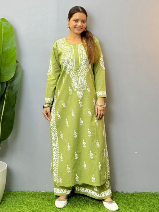 Olive green chikankari kurta with palazzo set in cotton fabric featuring hand embroidery