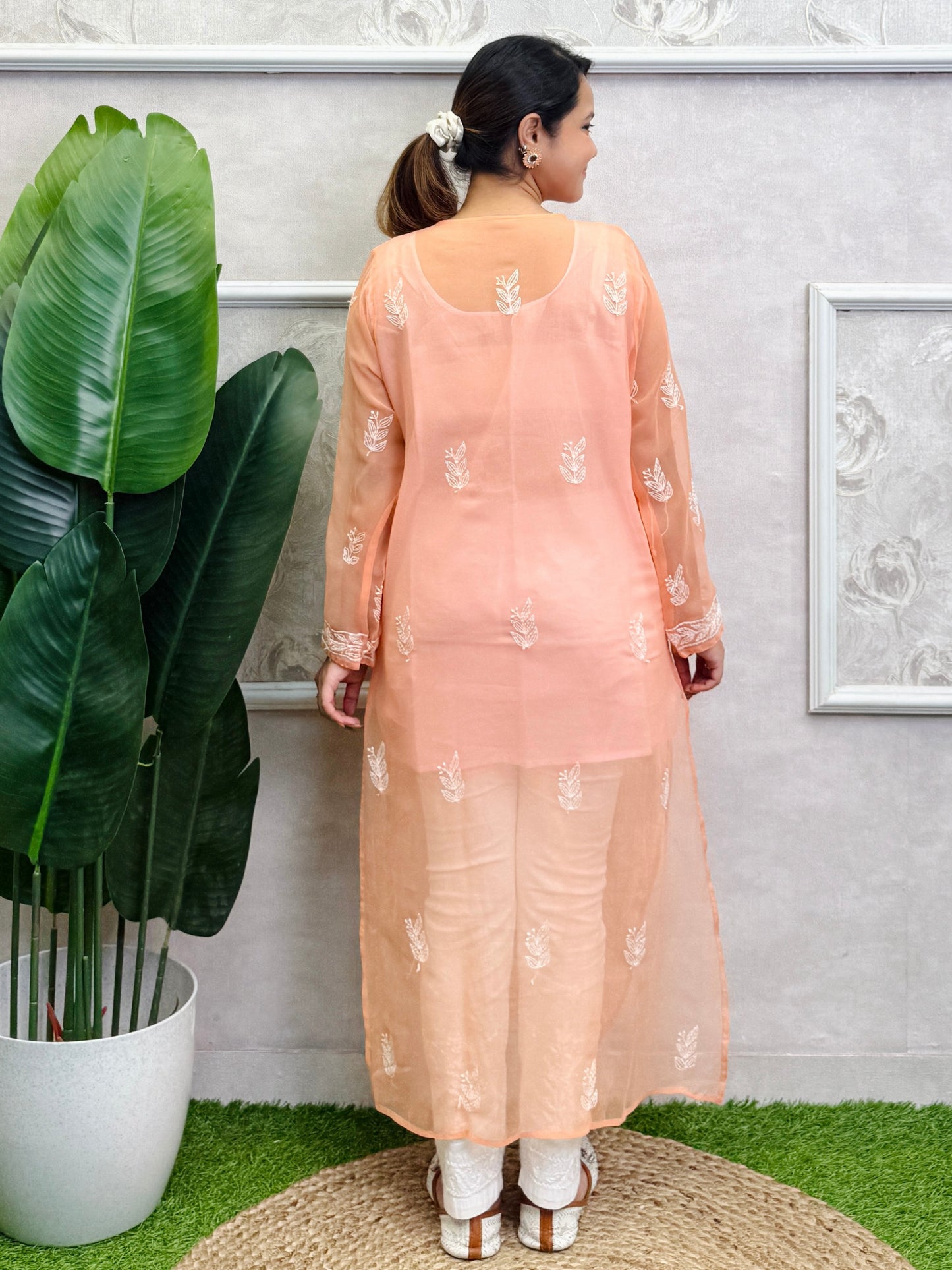 Lucknow Chikankari Peach Georgette Kurta with Hand Embroidery – Translucent Casual Wear