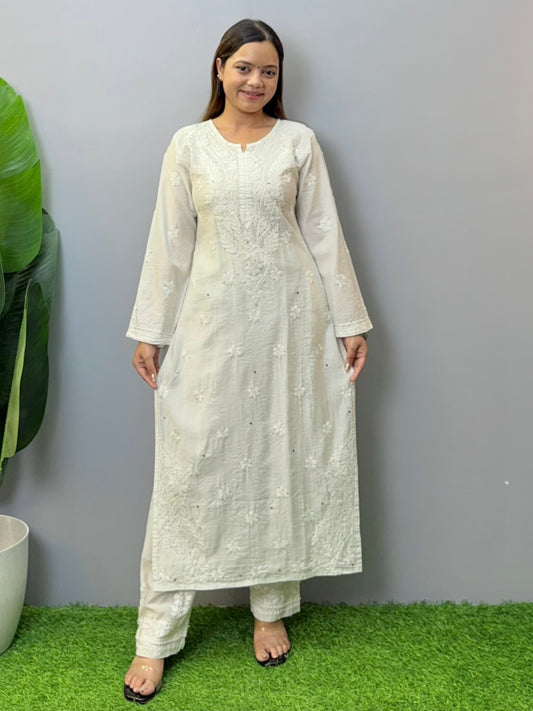 White Chanderi Lucknowi kurta with hand chikankari and mukaish detailing