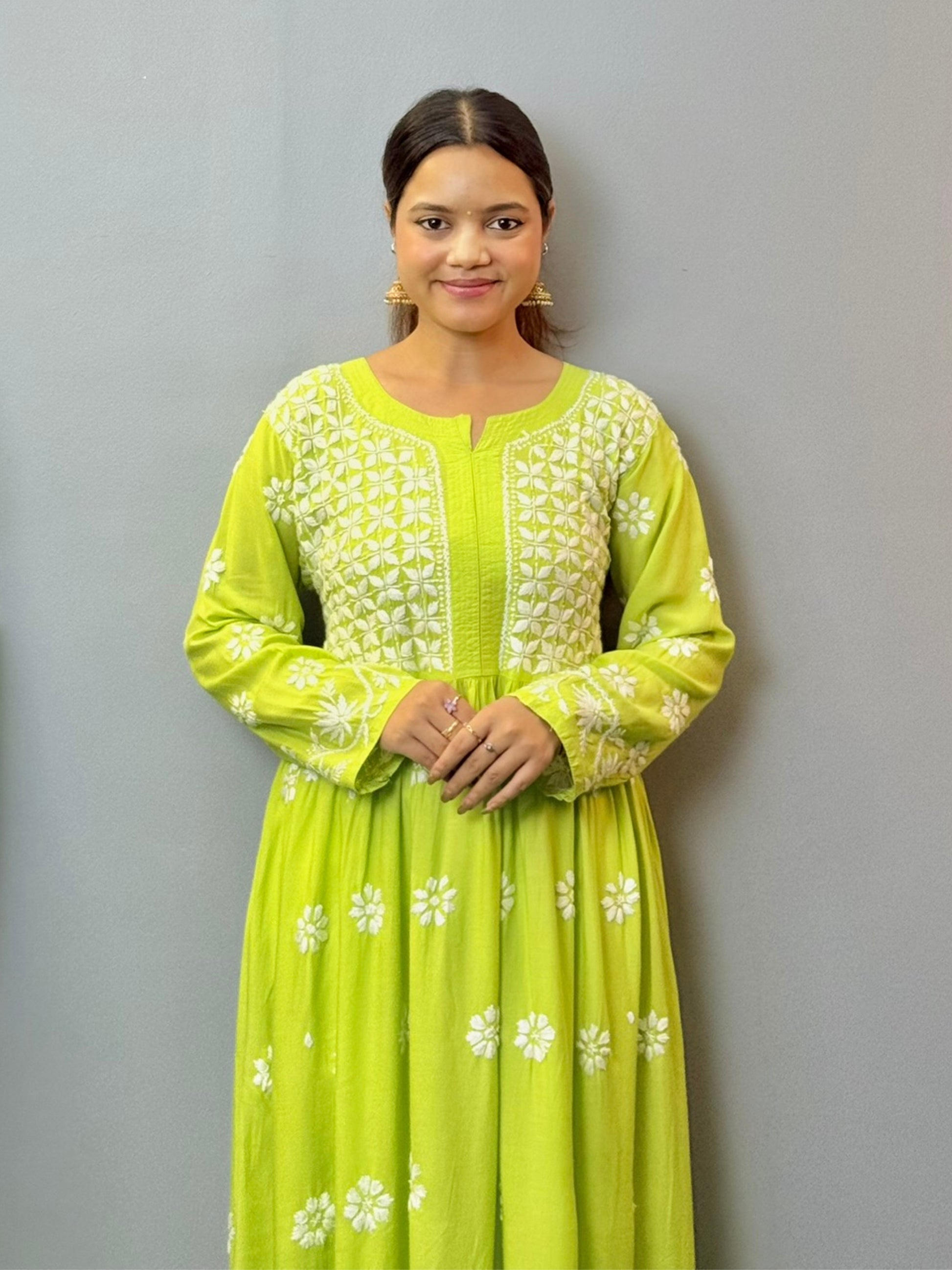 Lime green modal Lucknowi Chikankari long frock with white hand embroidery