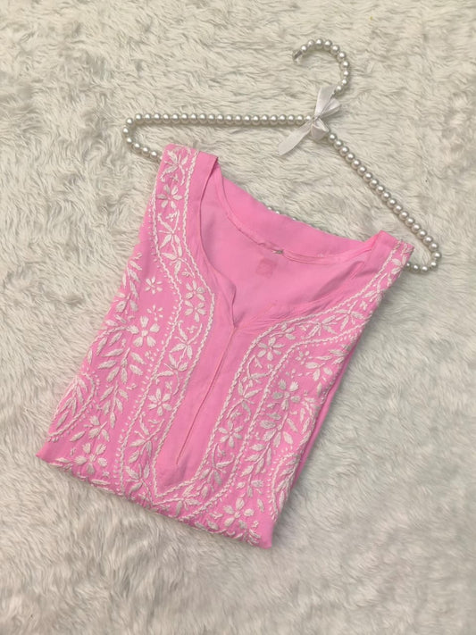 Pink rayon Lucknow chikankari kurta with hand embroidery – soft and comfortable.