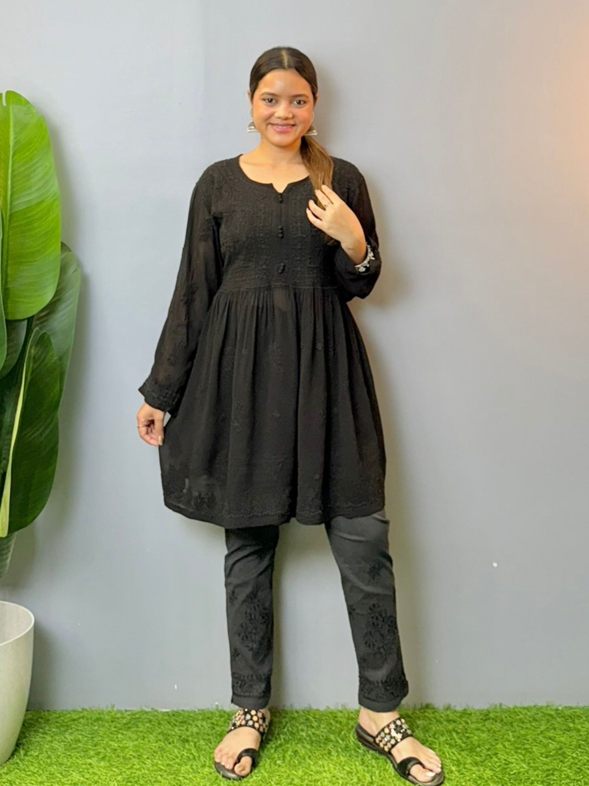 Elegant short black viscose chikankari kurta with full sleeves and subtle embroidery – perfect for daily wear