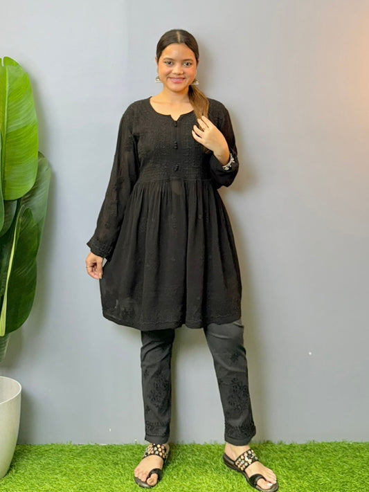 Elegant short black viscose chikankari kurta with full sleeves and subtle embroidery – perfect for daily wear