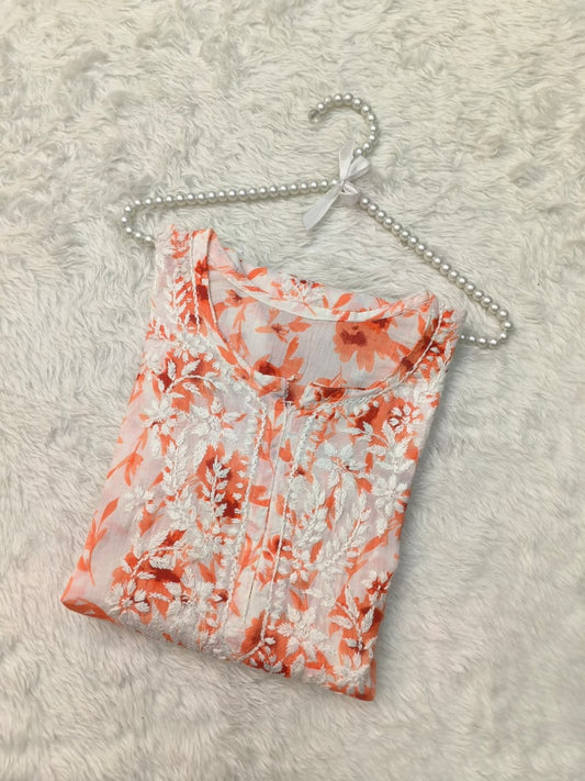 Orange printed mulmul chikankari kurta with hand embroidery