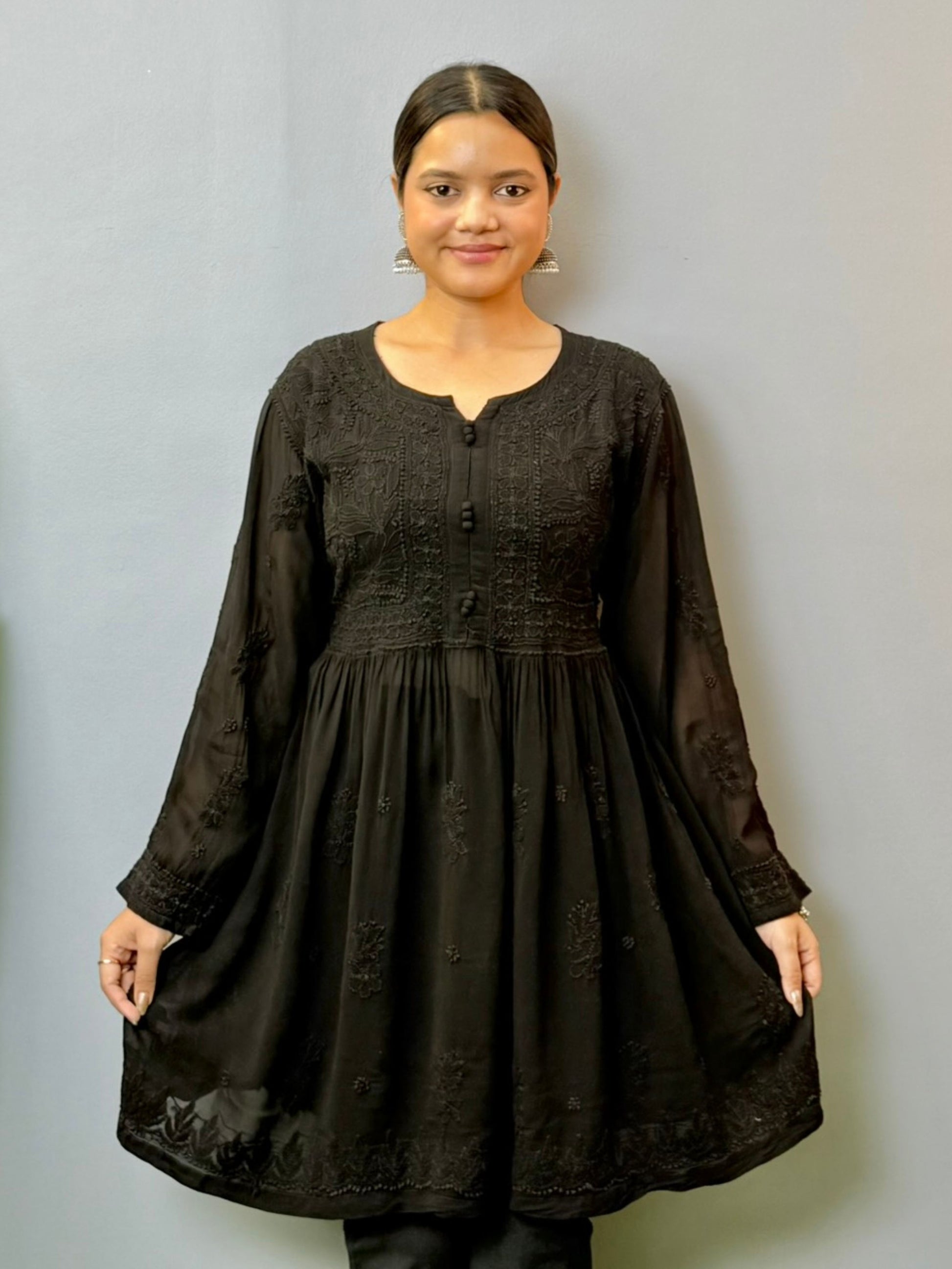 Elegant short black viscose chikankari kurta with full sleeves and subtle embroidery – perfect for daily wear