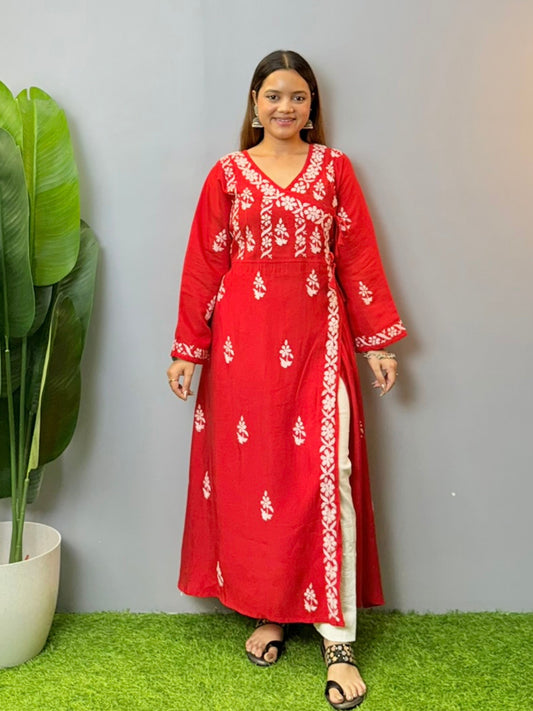 Red Chanderi Angrakha style Chikankari kurta with white hand embroidery – perfect festive ethnic wear